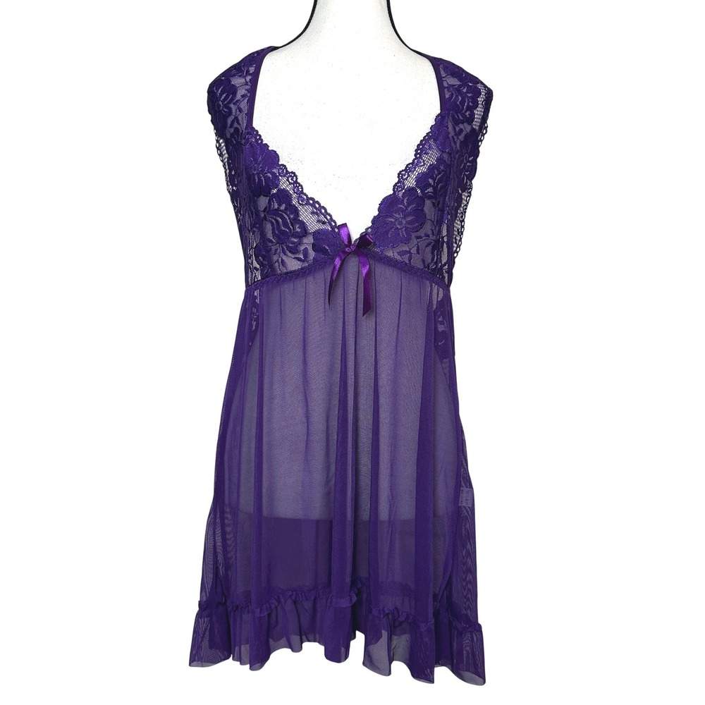 Womens Purple Lace Sheer Halter Babydoll Chemise Lingerie Plus‎ Size 3XL